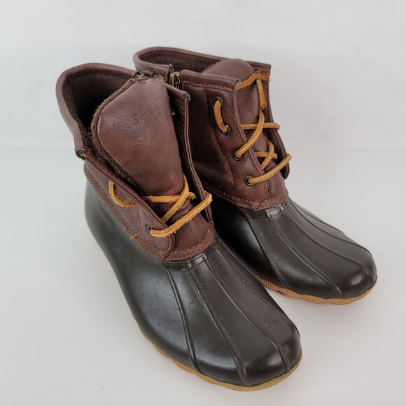Sperry Duck Boots Girls 4 Topsides Saltwater Brown Leather Side Zip YG55362 - Picture 2 of 14